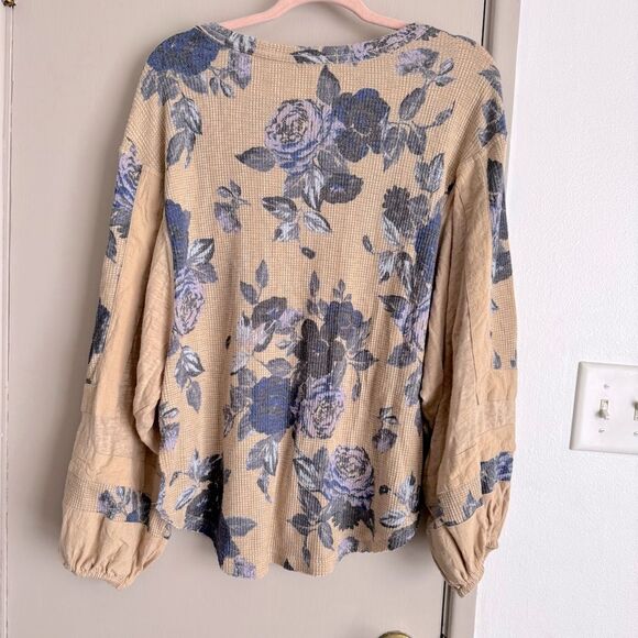 Free People Flower Patch Thermal Top Blue Roses Cream Floral Sweater Blouse - Picture 6 of 8